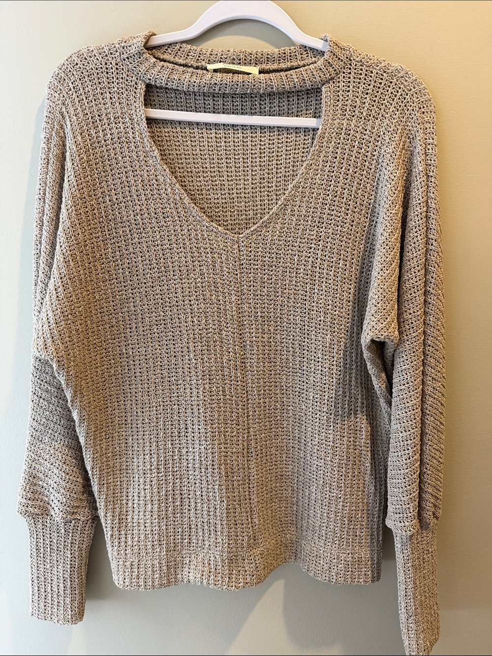 Jolie Open Knit Crewneck Sweater in Heathered Taupe, Size M